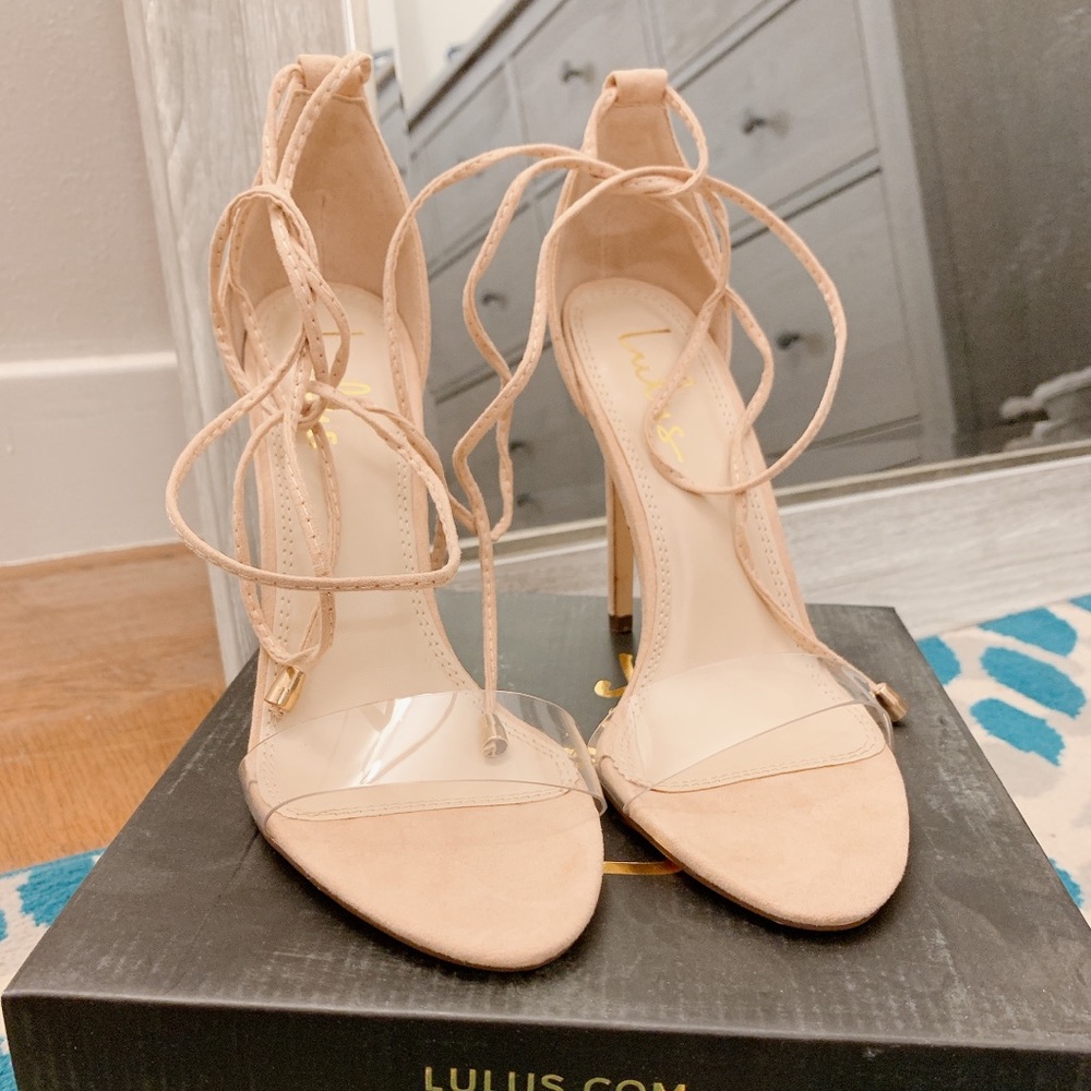 Lulus Ledah Suede Nude Lace-up Heels